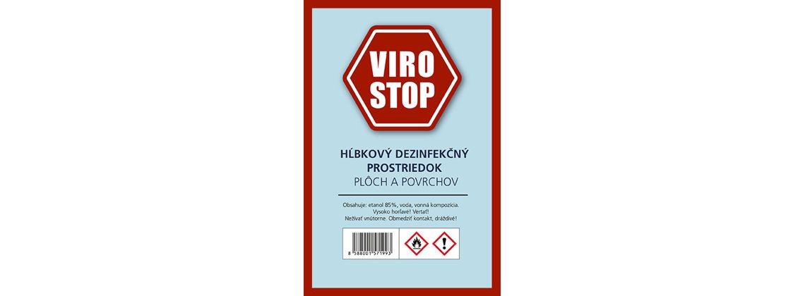 Dezinfekčný prostriedok VIROSTOP na báze Bio Etanolu, 1/liter sklennna fľaša.